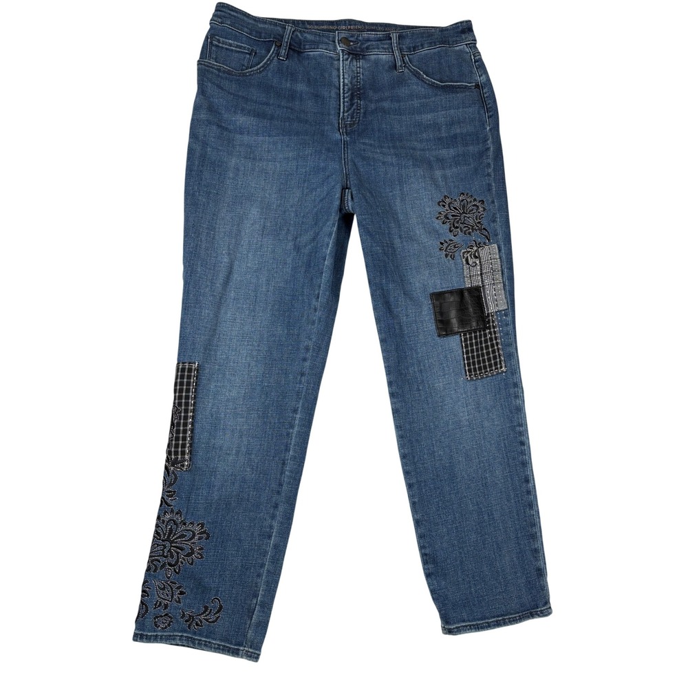 Chicos So Slimming Girlfriend Ankle Jeans Blue Patchwork Floral Embroidered 12R